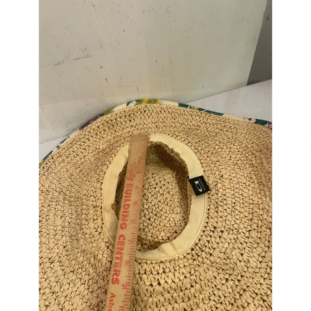 August Straw Sun Hat OS Tan Floral Trim Wide Brim Flower Accent Womens